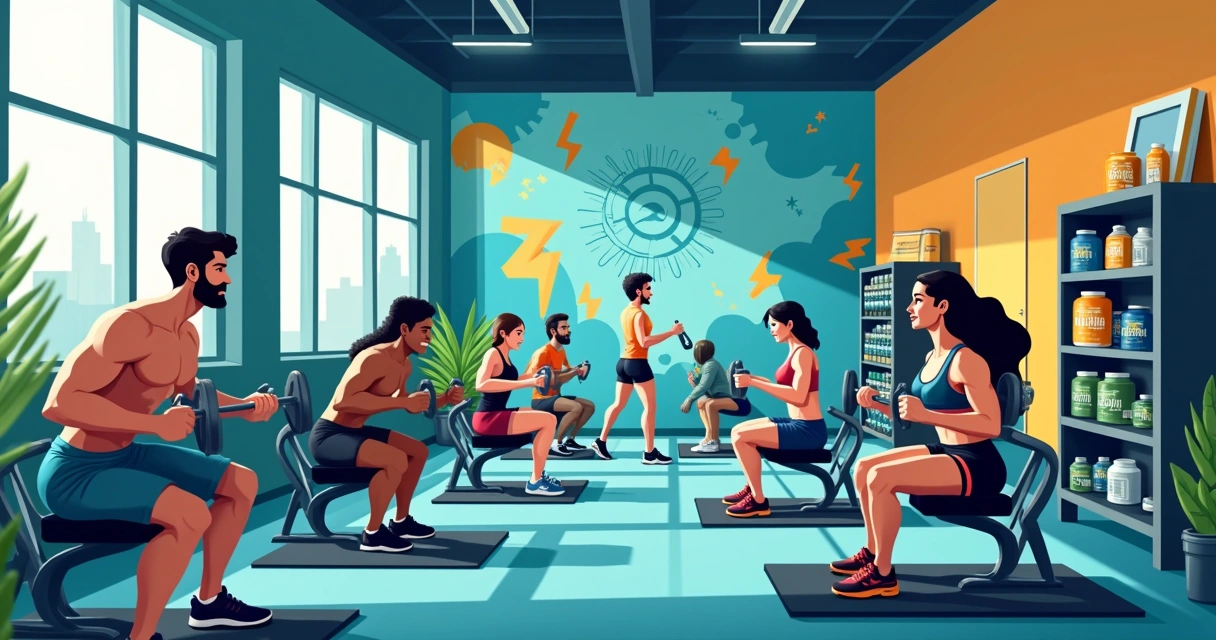 Atletas em um ambiente de academia vibrante, focados em treino de força e recuperação com creatina.