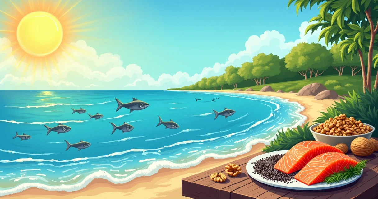 Ilustração vibrante mostrando alimentos ricos em Omega-3 como salmão, nozes e sementes de chia em uma cena costeira.