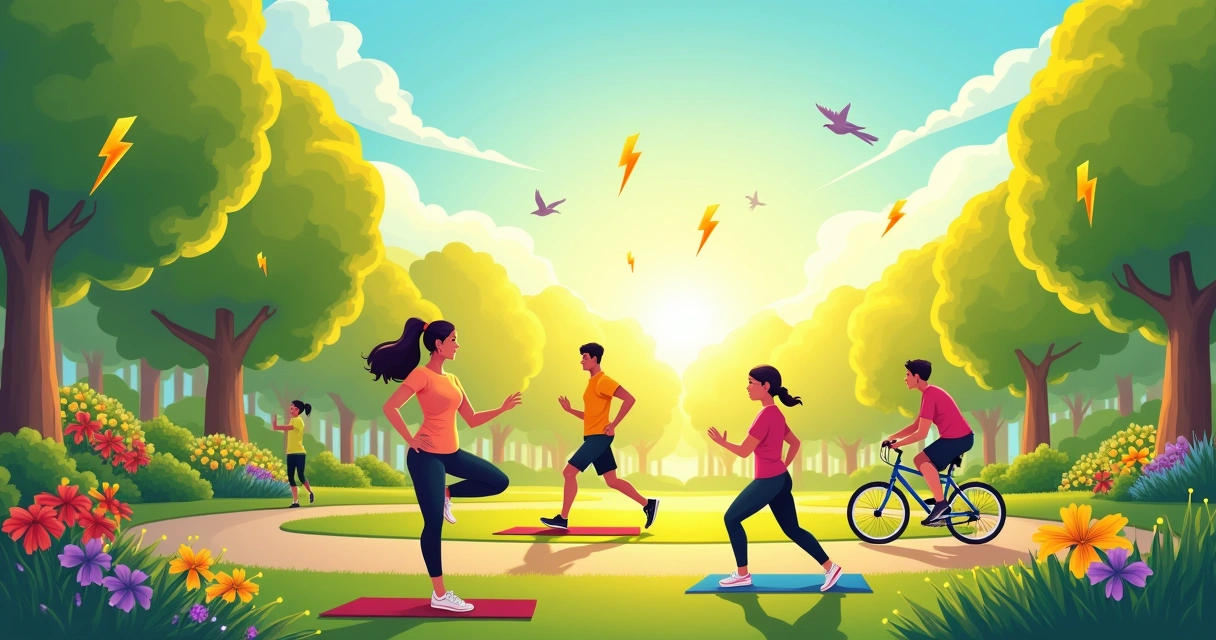 Grupo diverso praticando atividades energéticas em um parque ao amanhecer.