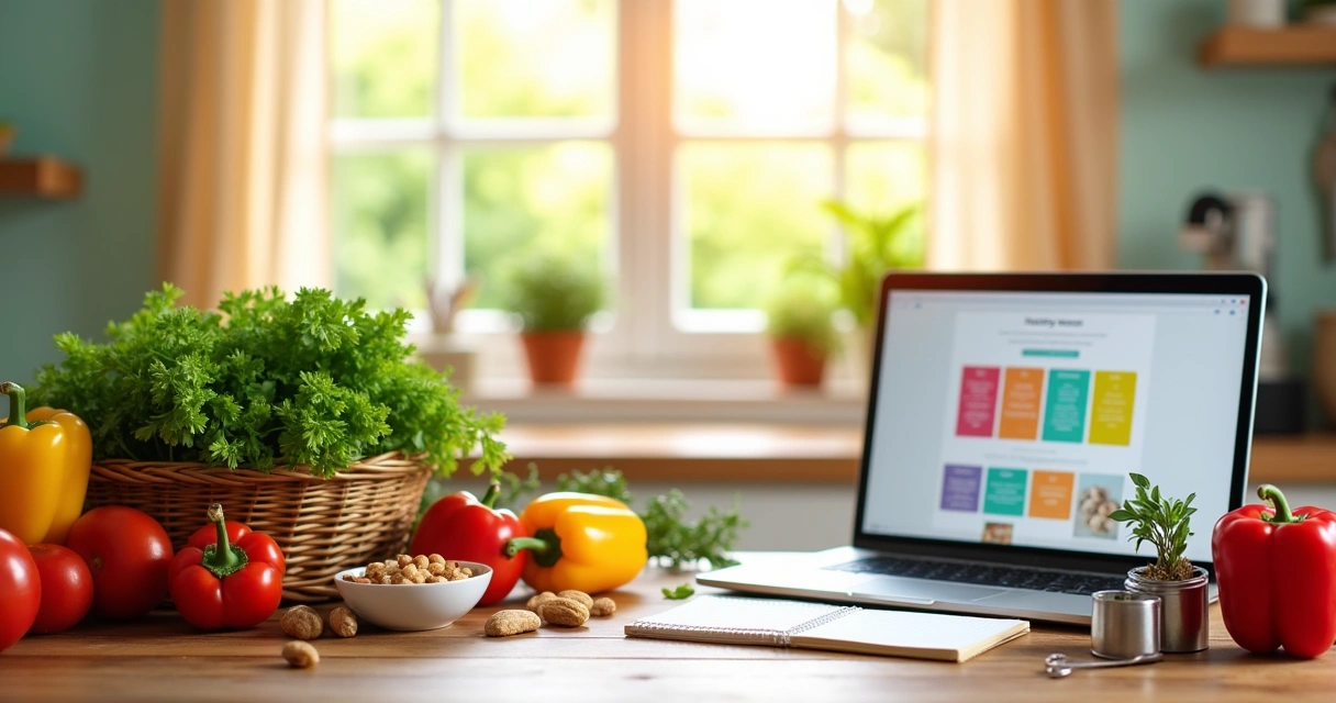 Cena de cozinha vibrante com ingredientes saudáveis e um plano de refeições sob luz solar.