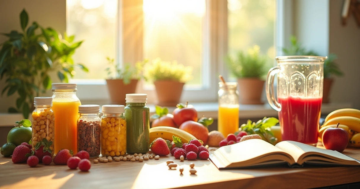 Visão de uma cozinha ensolarada com suplementos naturais e frutas frescas em um balcão colorido.