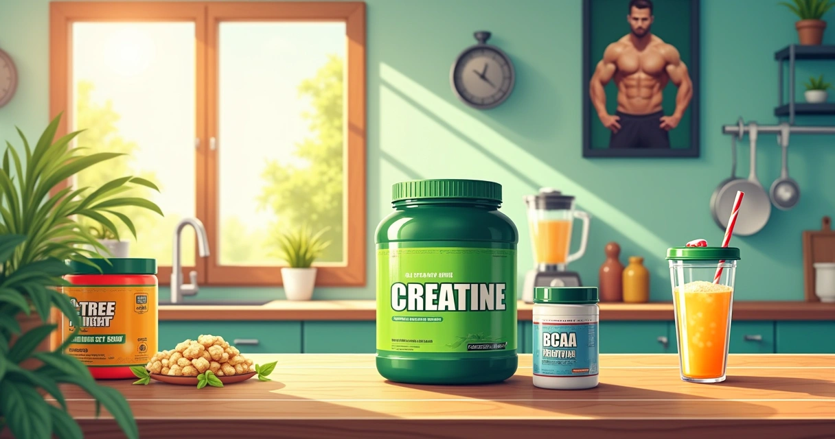 Visão detalhada de suplementos de musculação com creatina em uma cozinha iluminada.