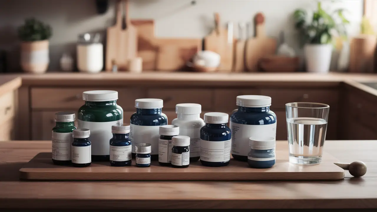 Vários frascos de suplementos coloridos em uma mesa de madeira com um copo de água ao fundo.