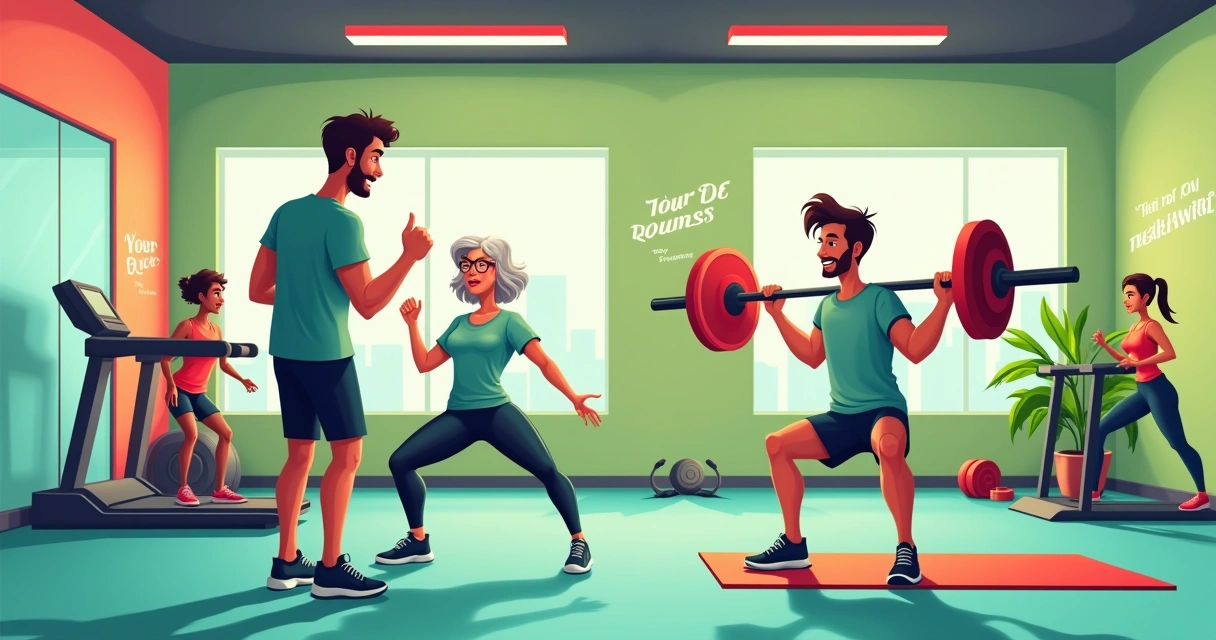 Ilustração de um treinador pessoal guiando clientes em diferentes tipos de treinos em uma academia vibrante.