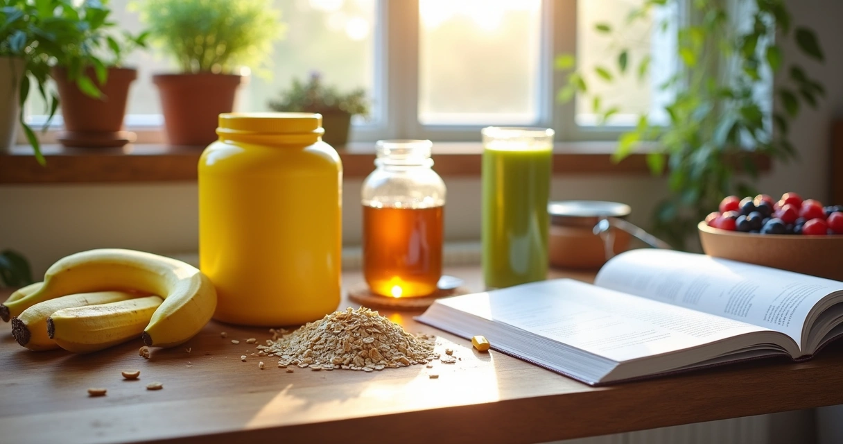 Cena de cozinha com ingredientes saudáveis para receitas energéticas, como proteína em pó e frutas frescas.