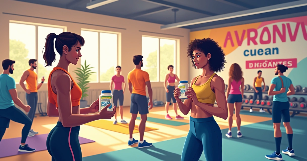 Ilustração de iniciantes na academia com suplementos e equipamentos em um ambiente moderno e iluminado.