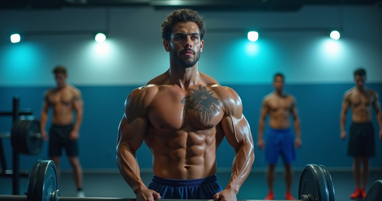 Jovem levantando pesos em uma academia com elementos de creatina e gráficos de desempenho ao fundo.