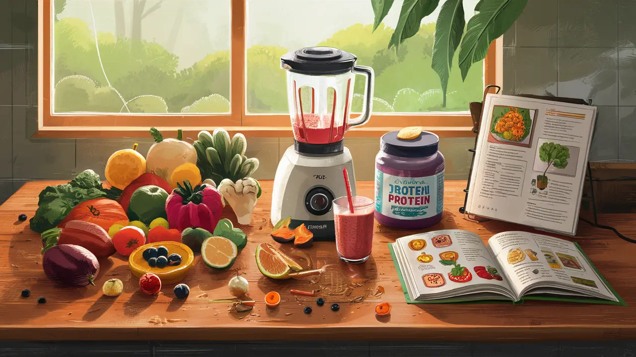 Frutas e vegetais coloridos sobre mesa de madeira, liquidificador com smoothie, pote de proteína e livro de receitas aberto.
