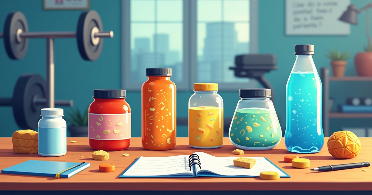 Ilustração de mesa de suplementos com proteínas, barras energéticas, e cenário de academia ao fundo.