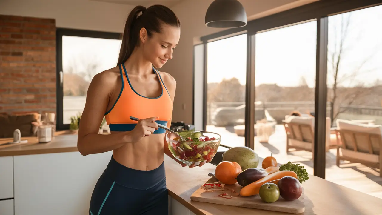Mulher em roupa esportiva segurando uma salada em uma cozinha moderna com frutas e vegetais ao redor.