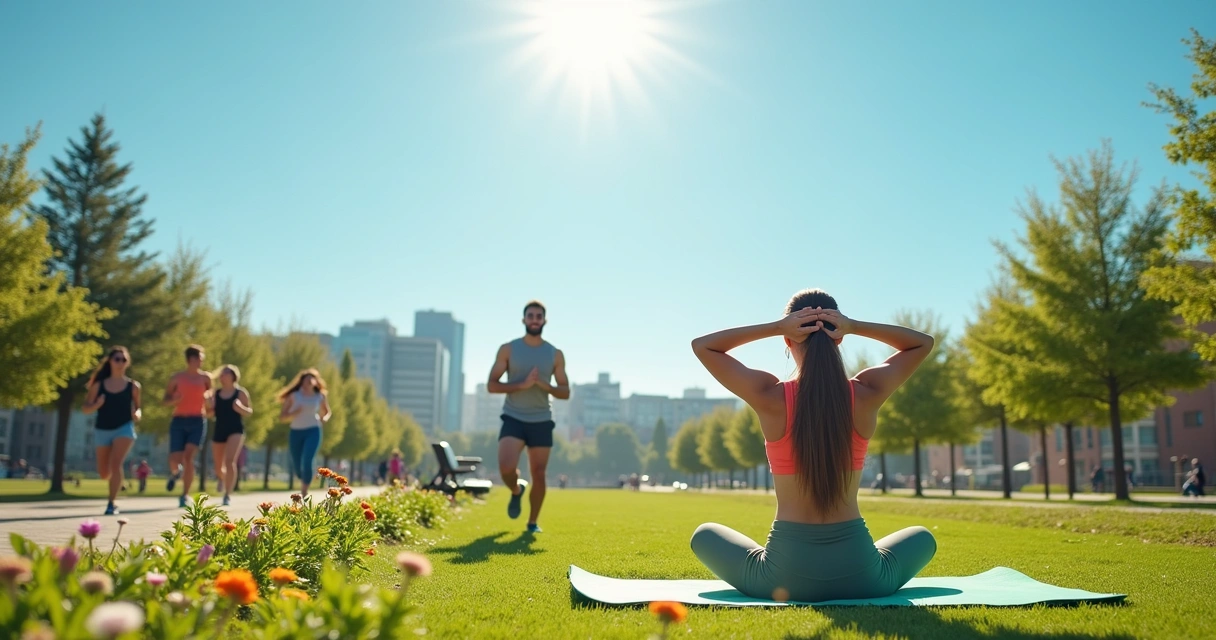 Homem e mulher exercitando-se ao ar livre em um ambiente sereno e natural com flores ao redor.