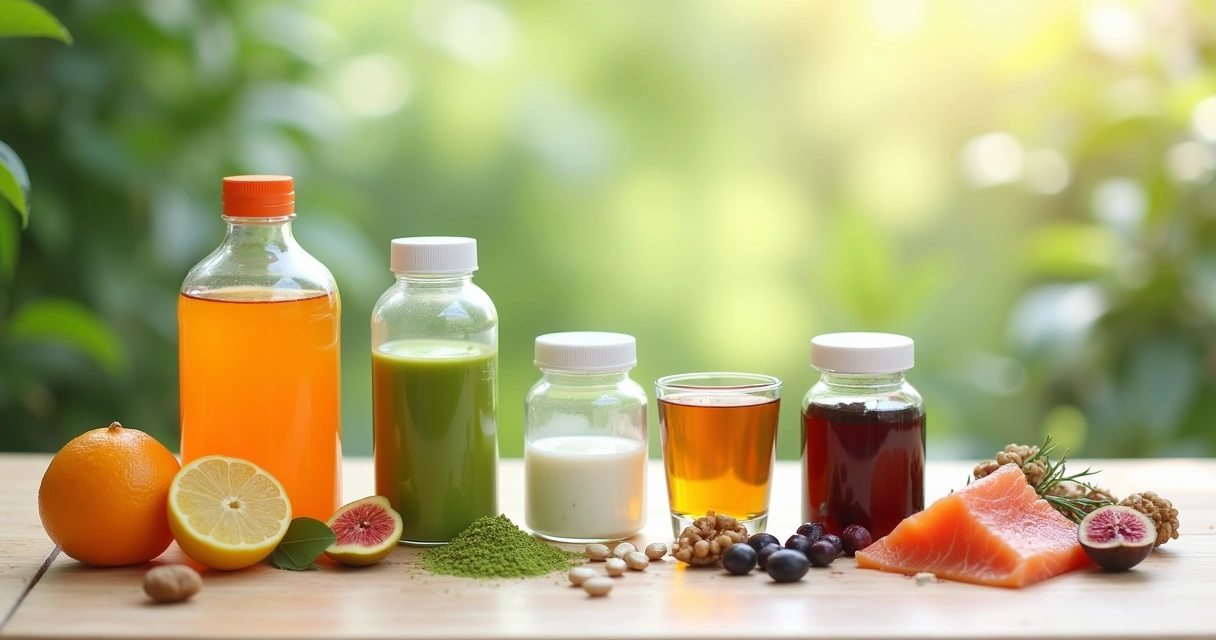 Seis suplementos para fortalecer a imunidade dispostos em uma mesa de madeira com fundo verde.