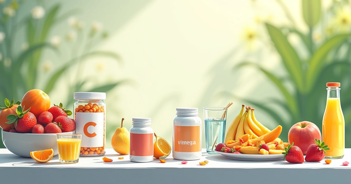 Mesa com diversos suplementos, frutas frescas e jarra de água, simbolizando saúde e bem-estar.