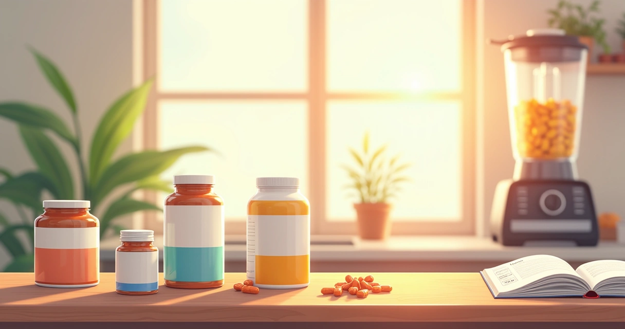 Vários suplementos em uma mesa de cozinha iluminada pelo sol, com um ambiente calma e acolhedor.
