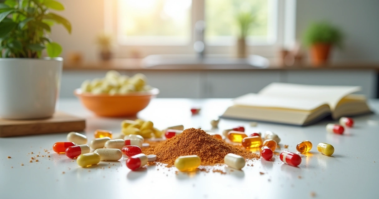 Vários suplementos dietéticos dispostos esteticamente com uma planta e um bloco de notas ao fundo.