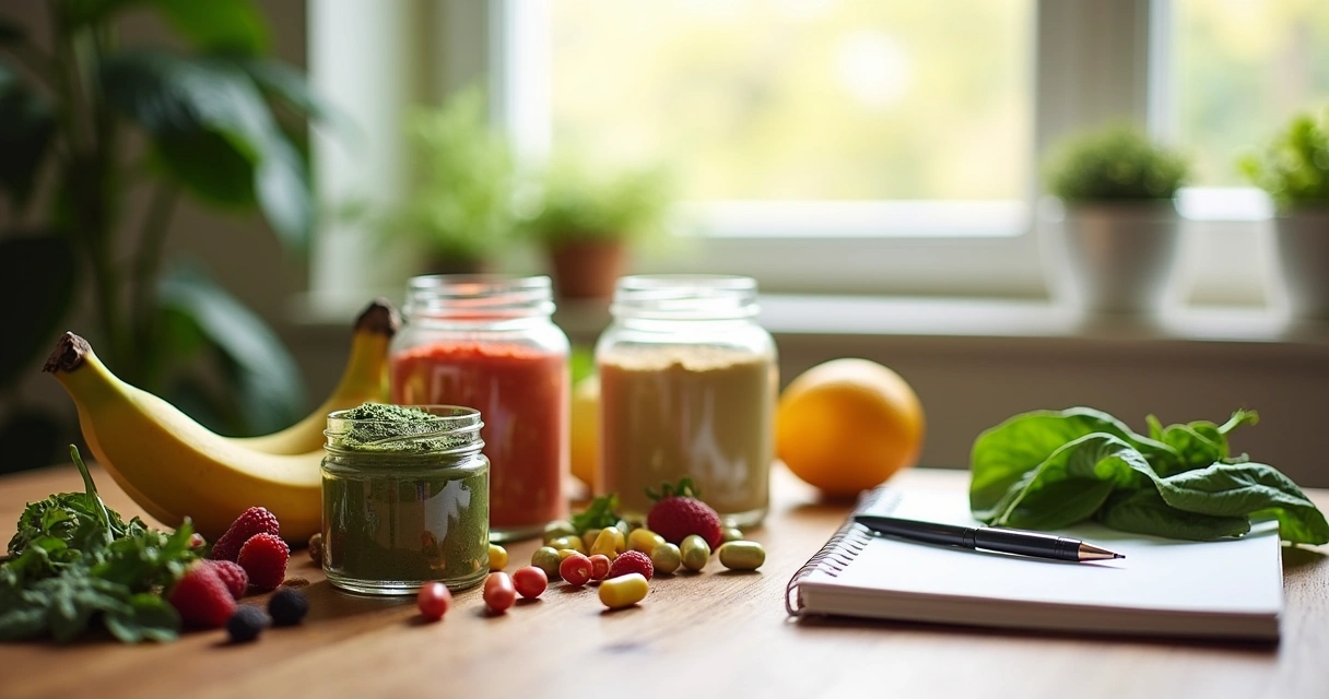 Arranjo de suplementos veganos, frutas e vegetais em mesa de madeira com luz suave.