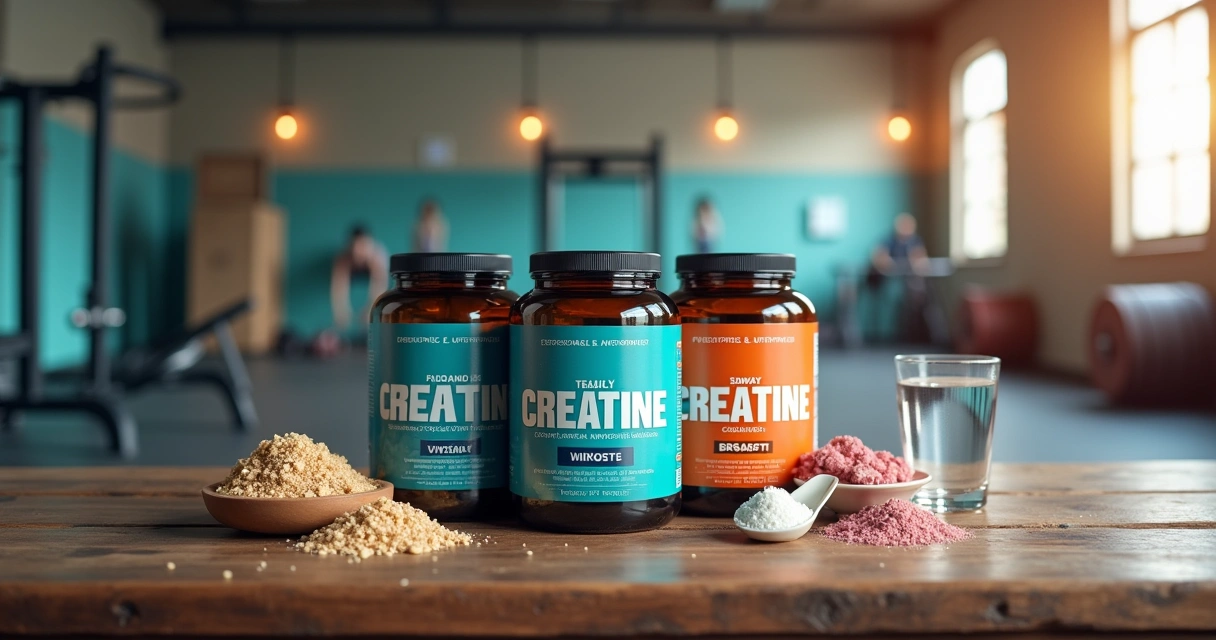 Vários tipos de suplementos de creatina em uma mesa de madeira rústica com ingredientes.