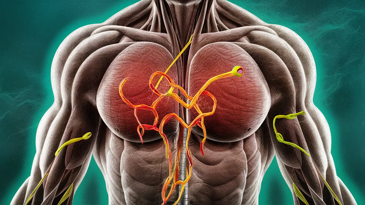 Visão em corte de um corpo humano com foco nos músculos e moléculas de creatina entrelaçadas nas fibras musculares.