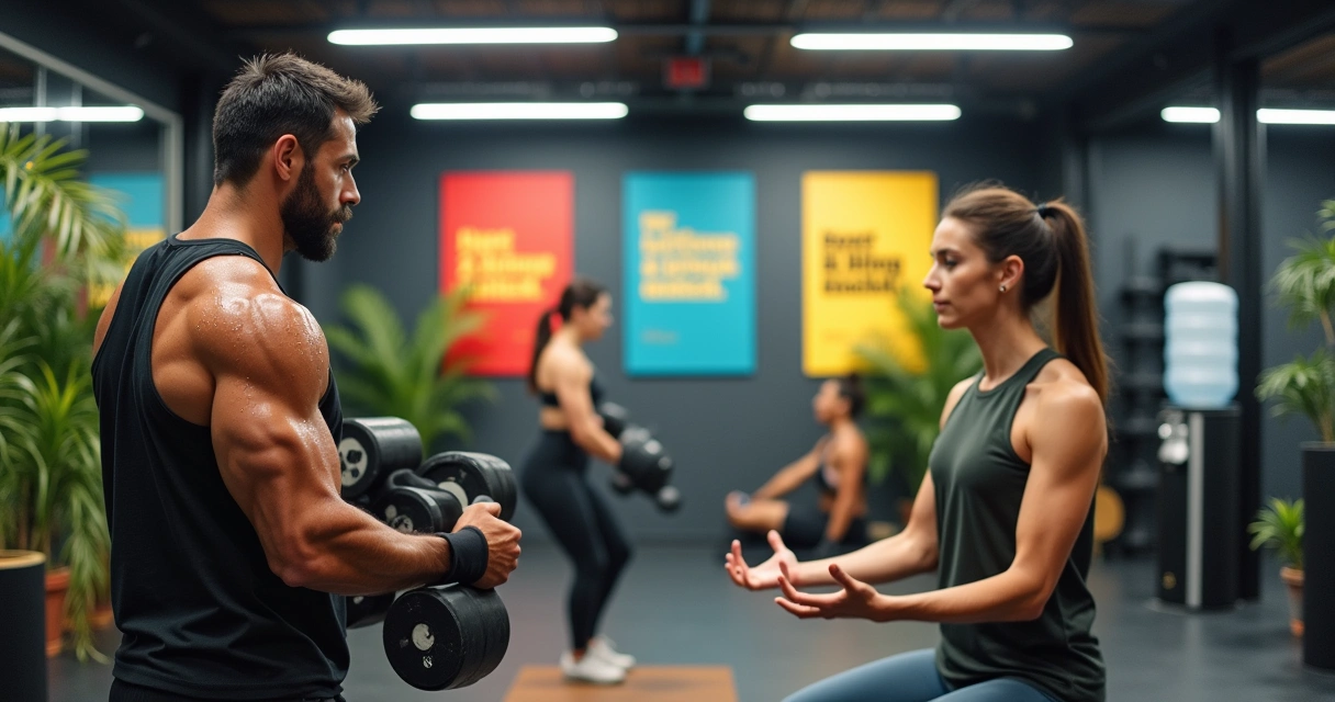 Imagem inspiradora de uma academia mostrando diversos indivíduos se exercitando com determinação e foco.