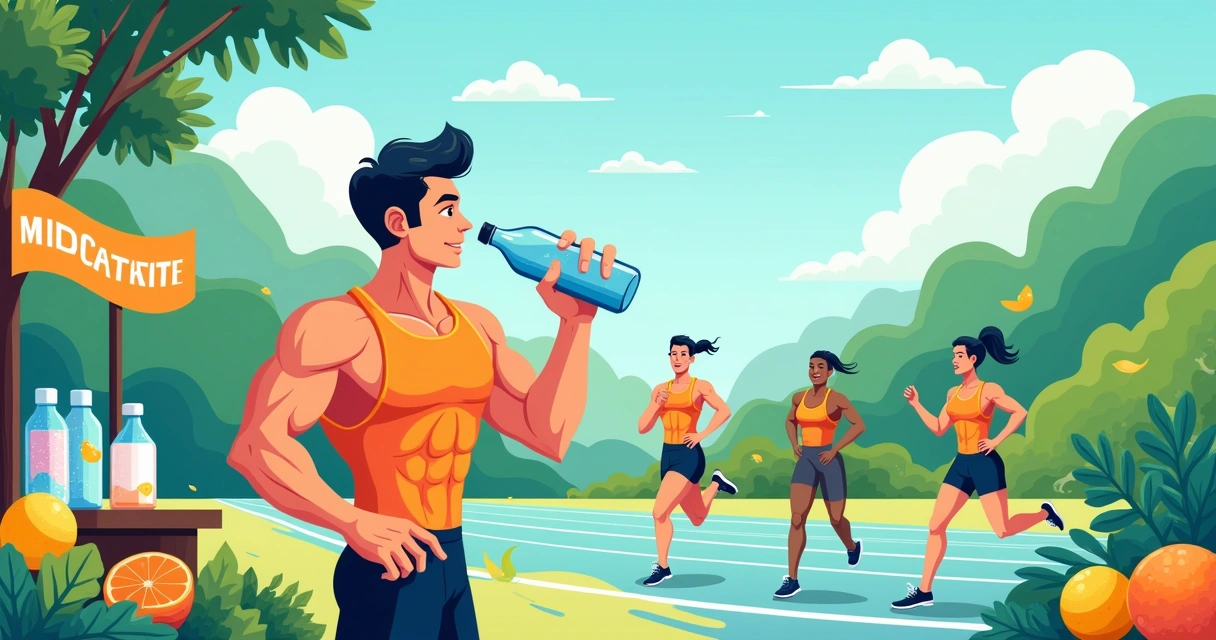 Atleta hidratando-se durante treino ao ar livre com frutas e bebidas especiais ao fundo.