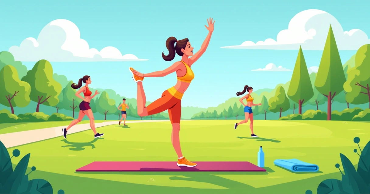 Ilustração de uma atleta iniciante se aquecendo em um parque ensolarado.