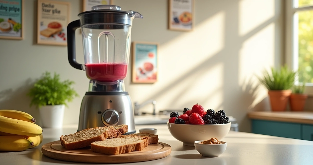 Ingredientes saudáveis em uma cozinha ensolarada, incluindo proteína de whey, frutas e um liquidificador.