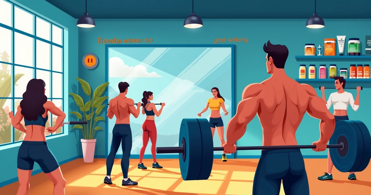Scene of a lively gym with people working out, showcasing supplements like protein powder and capsules.