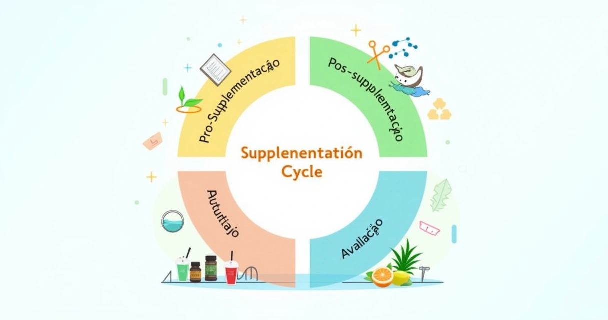 Diagrama do ciclo de suplementação com elementos visuais de saúde e nutrição em fundo claro e vibrante.