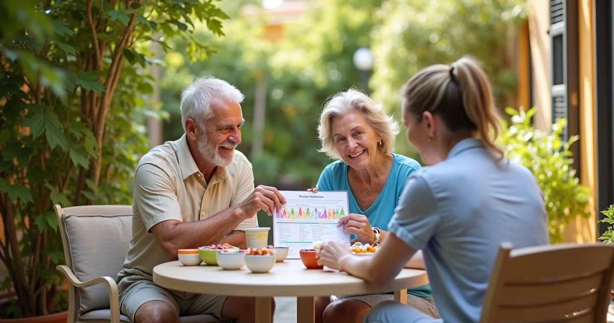 Consulta ao ar livre com um casal idoso e nutricionista discutindo suplementação segura para idosos.