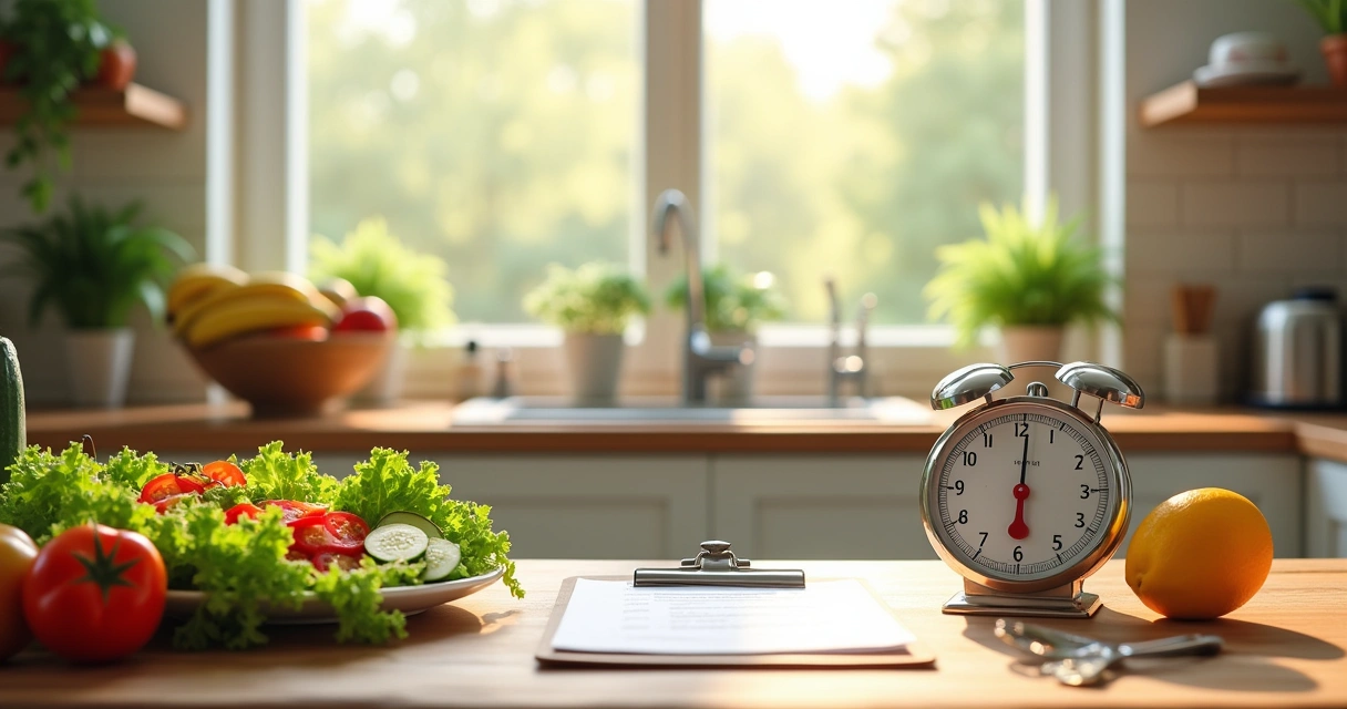 Vista da cozinha iluminada com alimentos saudáveis e um plano de dieta em um clipboard.