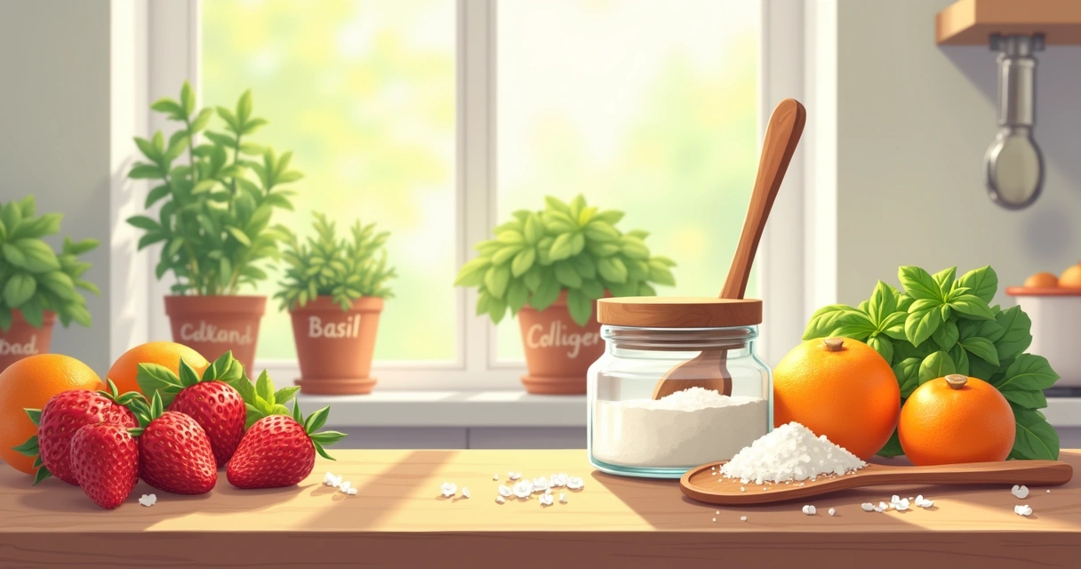 Cena vibrante da cozinha com jarra de colágeno em destaque e frutas frescas ao redor, iluminada por luz suave.