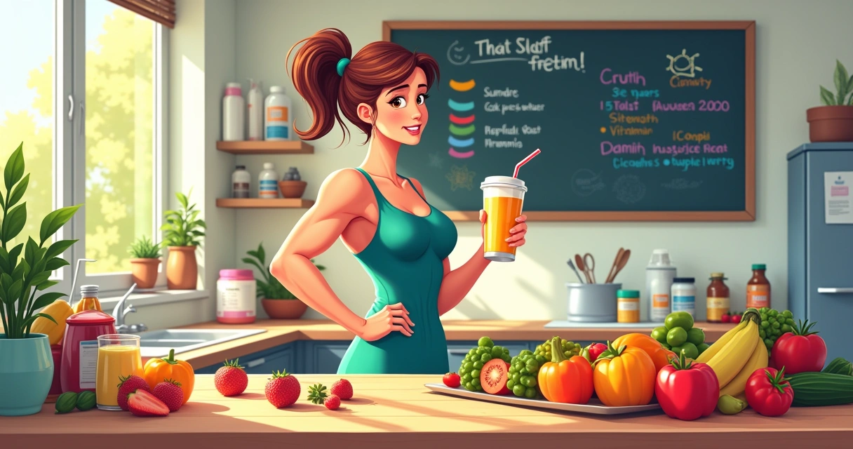 Ilustração de uma pessoa fitness em uma cozinha organizada com frutas, suplementos e um quadro informativo.