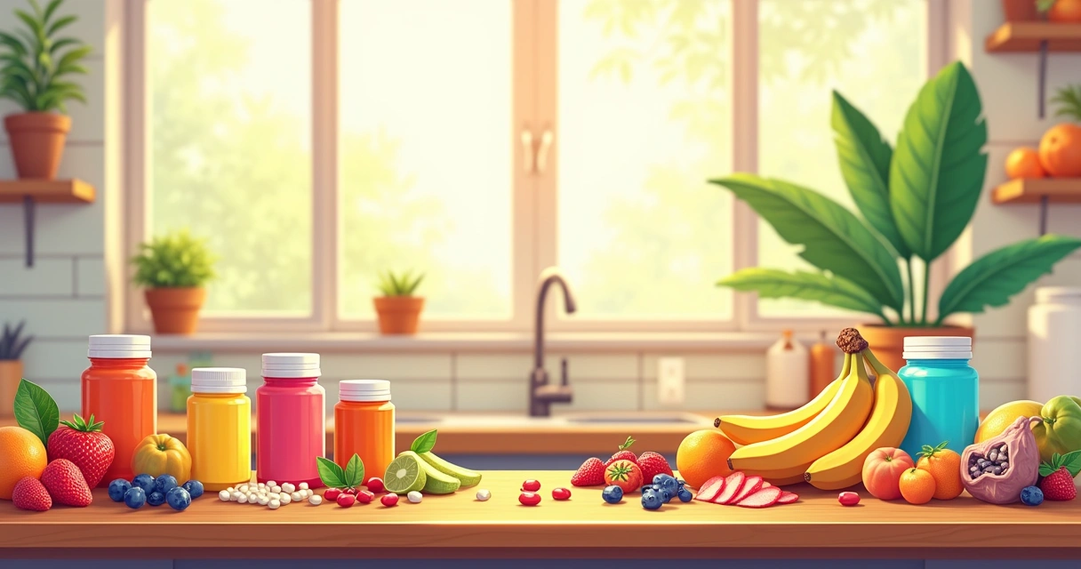 Decoração de uma cozinha saudável com suplementos diversos e frutas frescas em destaque.