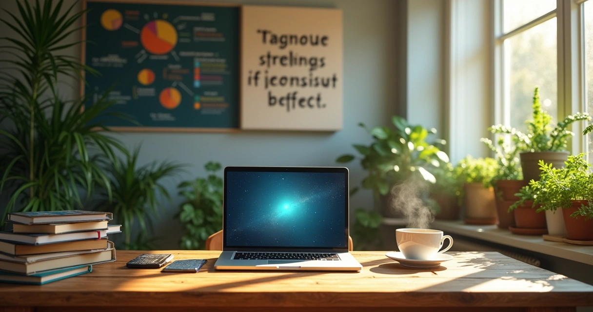Espaço de trabalho aconchegante com mesa de madeira, laptop e plantas verdes iluminadas pelo sol.