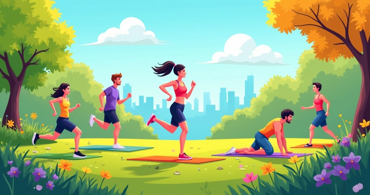Grupo diversificado fazendo exercícios aeróbicos em um parque ensolarado com flores e árvores ao fundo.