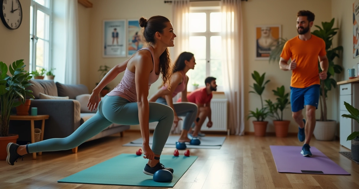 Grupo diversificado de pessoas realizando exercícios funcionais em casa, em uma sala iluminada e aconchegante.