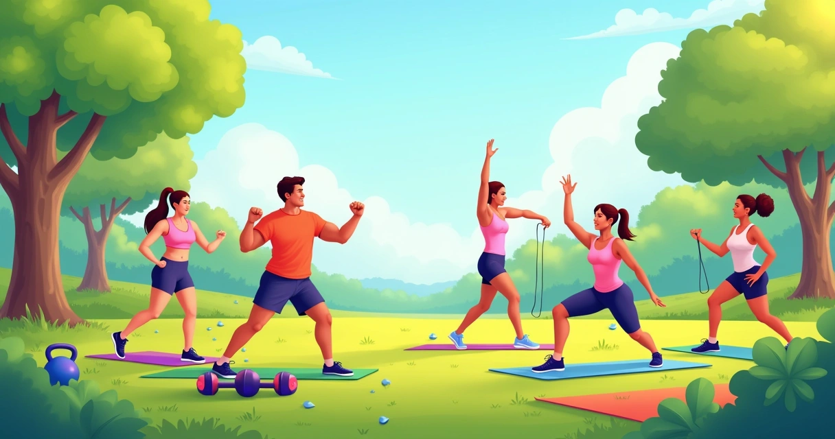 Grupo diversificado de iniciantes fazendo exercícios funcionais em um parque ensolarado.