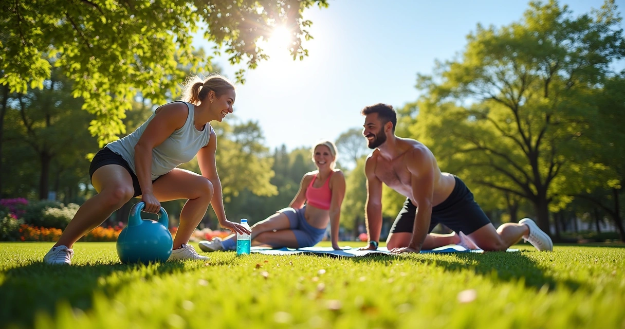 Grupo diversificado praticando exercícios funcionais em um parque ensolarado e vibrante.