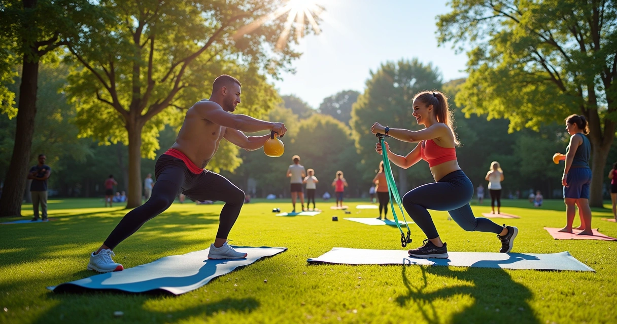 Grupo diverso de pessoas se exercitando em um parque, incluindo kettlebell, agachamento e yoga.