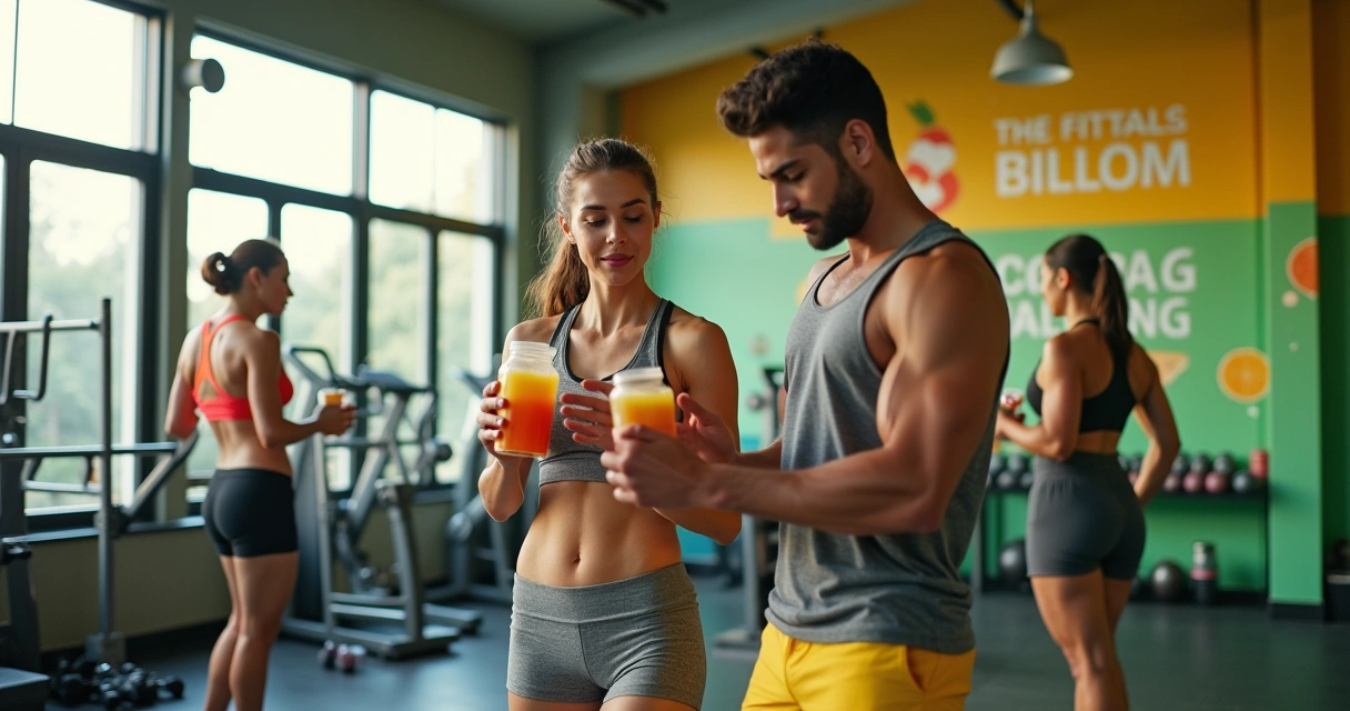 Grupo diversificado em uma academia moderna preparando-se para treinos com suplementos.