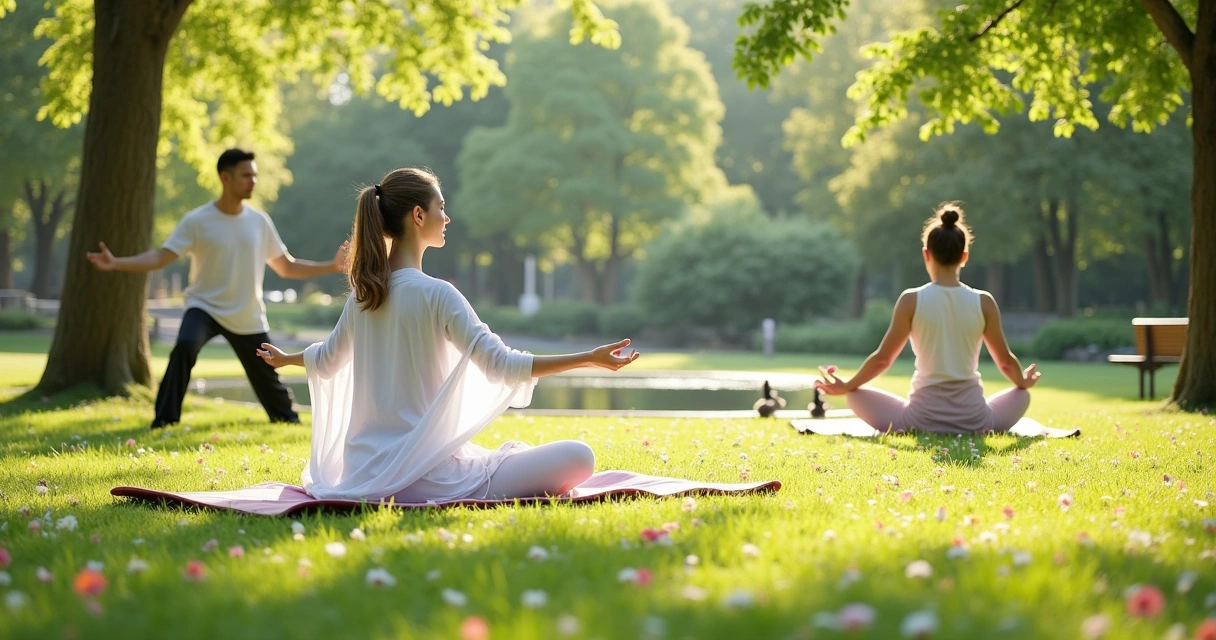 Grupo diversificado praticando mindfulness em um parque sereno, envolvendo yoga e tai chi.