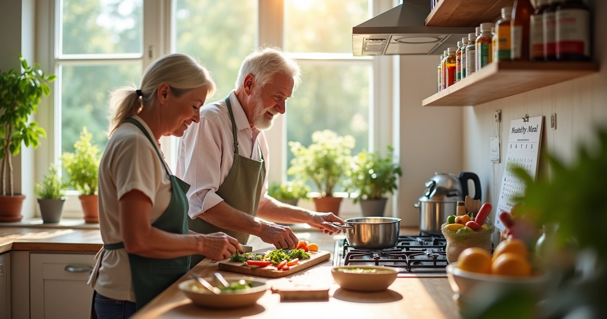 Casal idoso cozinha, preparando refeições saudáveis com vegetais frescos e suplementos nutricionais visíveis.