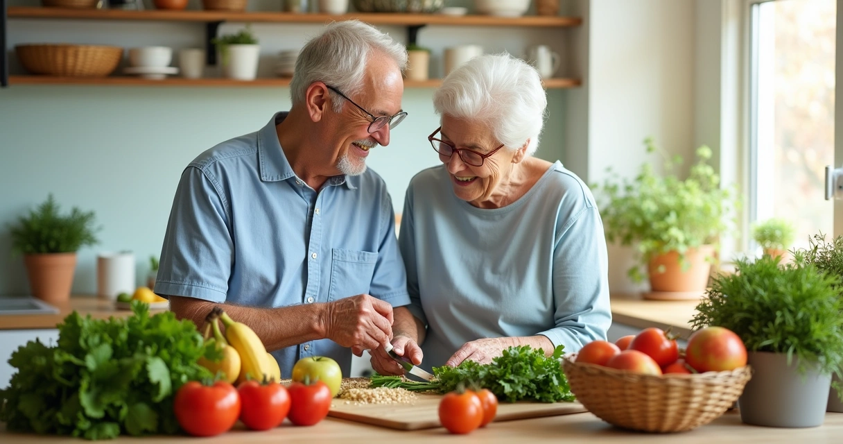 Casal de idosos na cozinha preparando uma refeição saudável, com frutas e vegetais frescos ao redor.