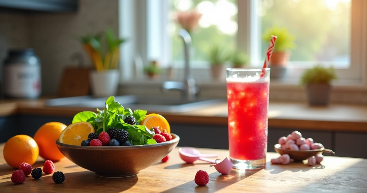 Ingredient preparation for a colorful pre-workout drink in a bright kitchen.