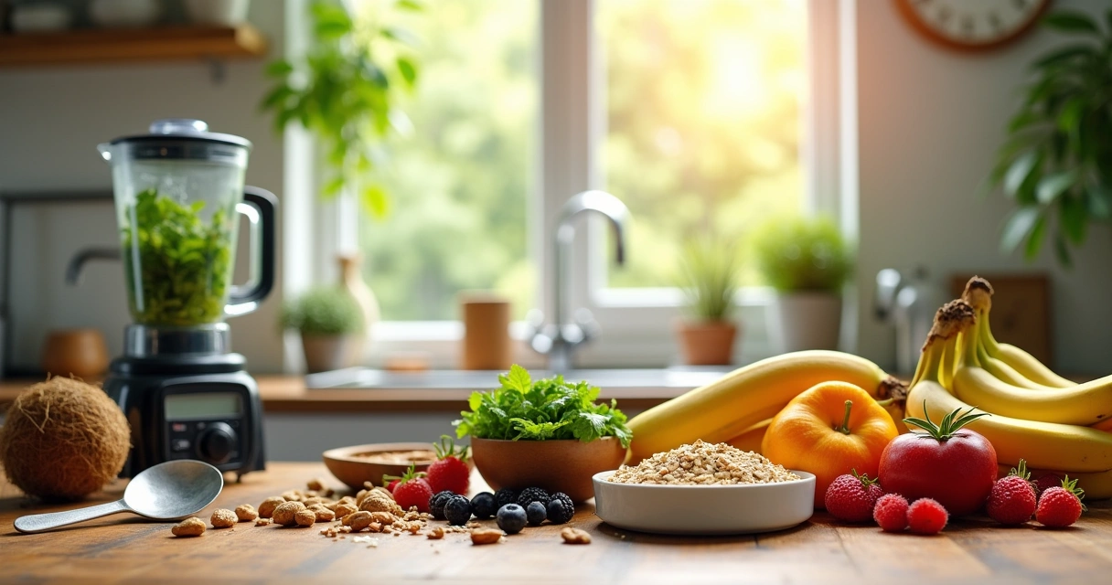 Ingredientes nutritivos para um pré-treino, como frutas, aveia e um liquidificador em uma cozinha iluminada.