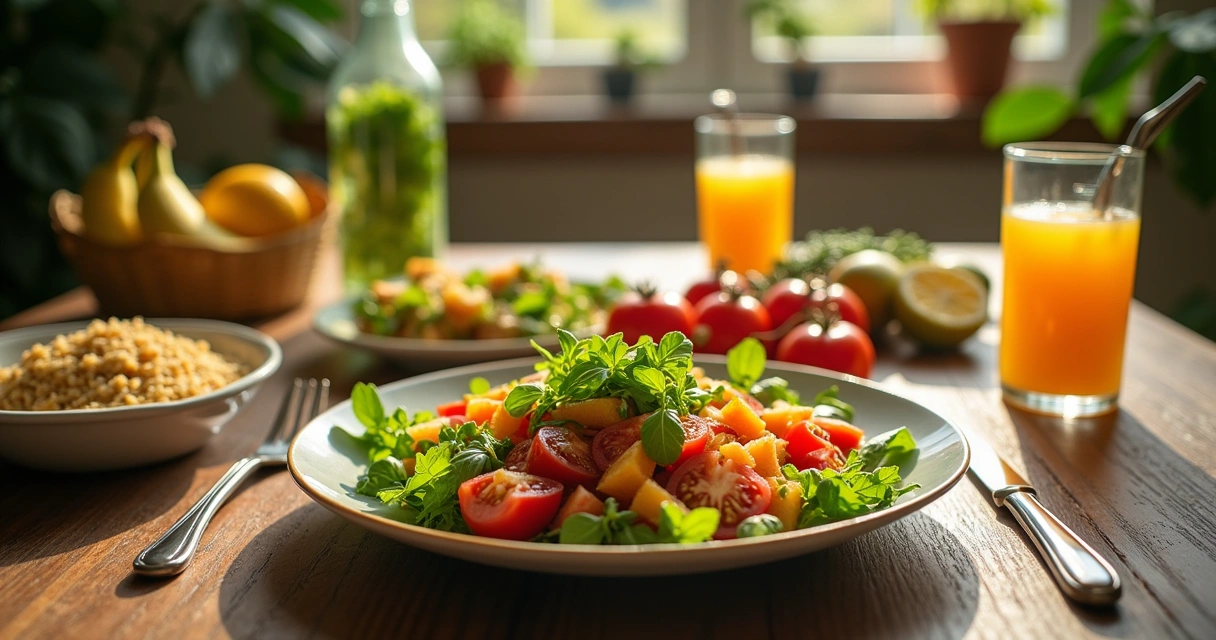 Mesa de cozinha com salada fresca, quinoa, frutas e jarra de água, representando alimentação balanceada.