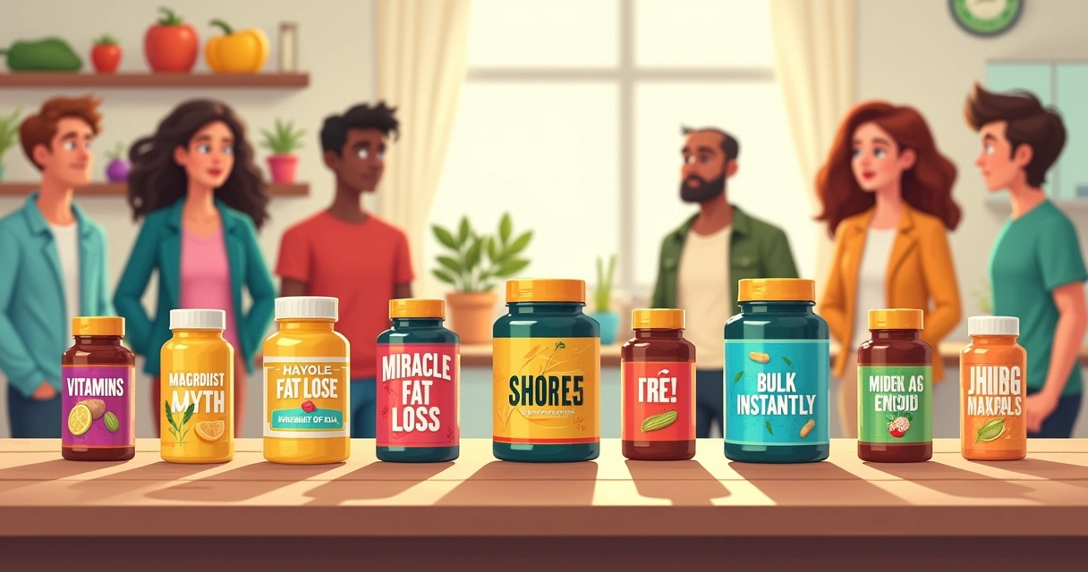 Ilustração colorida de mitos sobre suplementos, pessoas analisando frascos em uma cozinha iluminada.