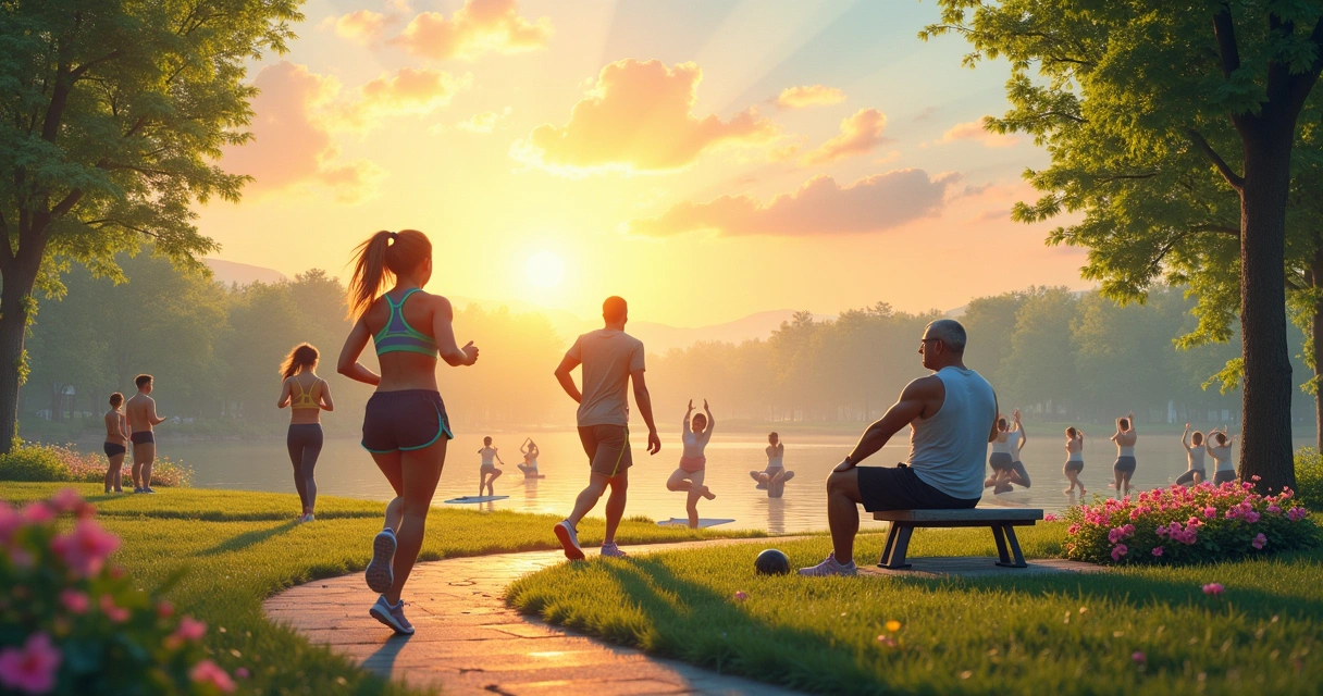 Grupo diversificado de pessoas se exercitando em um parque ao amanhecer, refletindo motivação e energia.