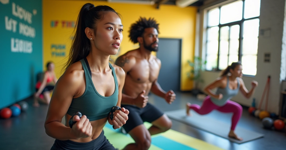 Grupo diverso de pessoas malhando em uma academia moderna, expressando motivação e energia positiva.