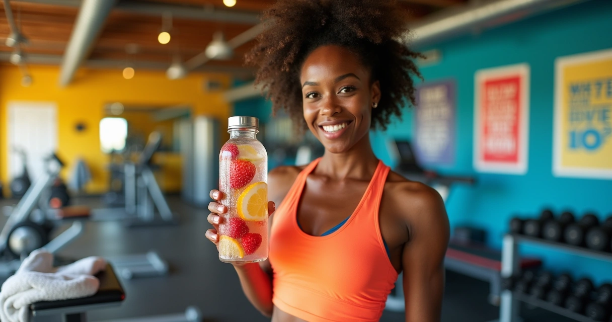 Mulher negra com garrafa de água em um ginásio iluminado, equipada para exercícios, com equipamentos ao fundo.